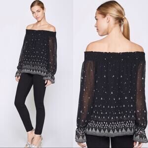 Joie off the Shoulder 100% Silk Celestial Black Ruched Blouse Top sz XS